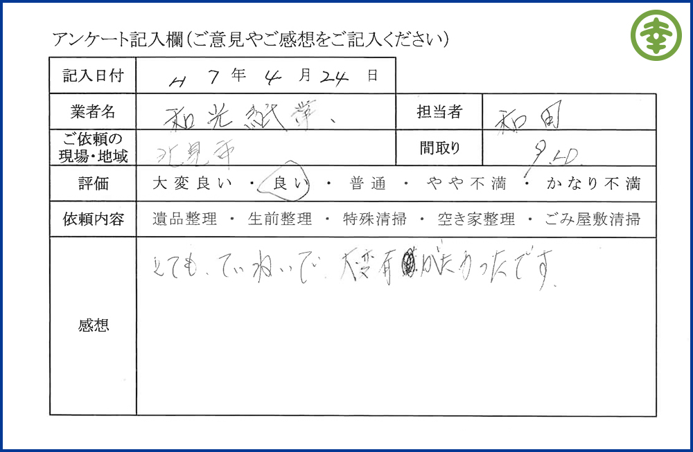 有限会社 和幸紙業【遺品整理部】 【北海道北見市・和幸紙業・遺品整理部|遺品整理・生前整理・特殊清掃・オゾン消臭|片付け・住宅解体・住宅買取・土地買取|遺品整理士認定協会・遺品整理士・遺品査定士・お焚き上げ|リサイクル】作業実績