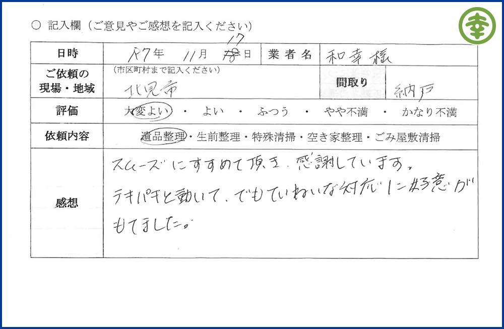 【北海道北見市・和幸紙業・遺品整理部｜遺品整理・生前整理・特殊清掃・オゾン消臭｜片付け・住宅解体・住宅買取・土地買取｜遺品整理士認定協会・遺品整理士・遺品査定士・お焚き上げ｜リサイクル】作業実績